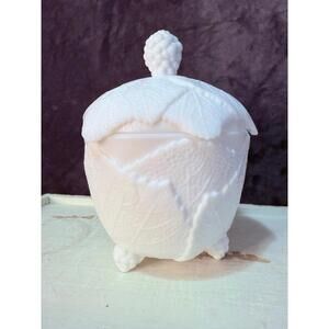 Vintage Milk Glass Leaf Berry Covered Candy Dish Footed Jar